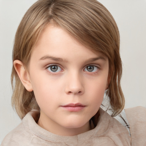 Neutral white child female with medium  brown hair and grey eyes