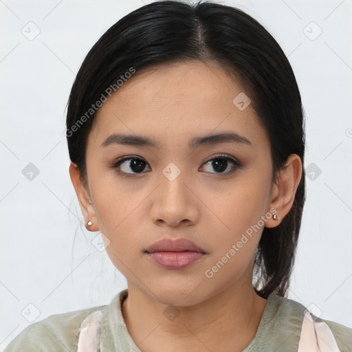 Neutral asian young-adult female with medium  brown hair and brown eyes