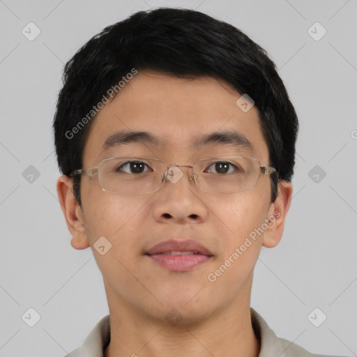 Neutral asian young-adult male with short  brown hair and brown eyes