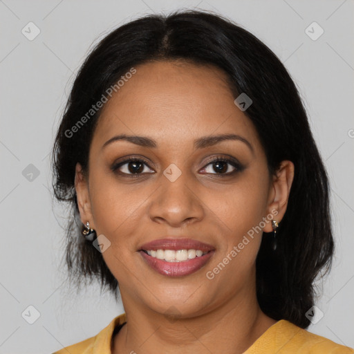 Joyful black young-adult female with medium  black hair and brown eyes