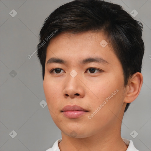 Neutral asian young-adult male with short  brown hair and brown eyes