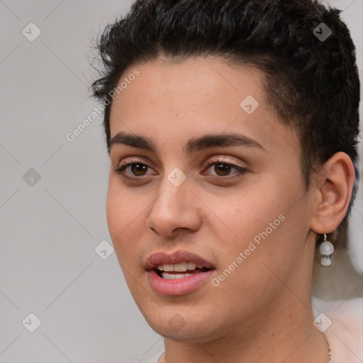 Joyful white young-adult female with short  brown hair and brown eyes