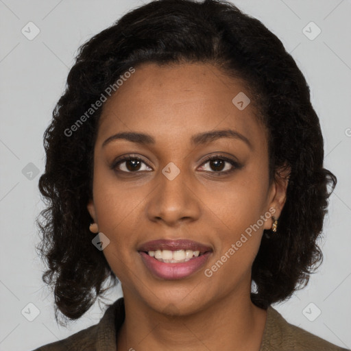 Joyful black young-adult female with medium  brown hair and brown eyes