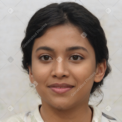 Joyful latino young-adult female with medium  black hair and brown eyes