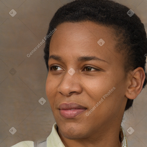 Joyful latino adult female with short  brown hair and brown eyes