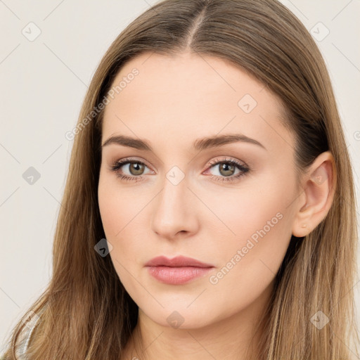 Neutral white young-adult female with long  brown hair and brown eyes