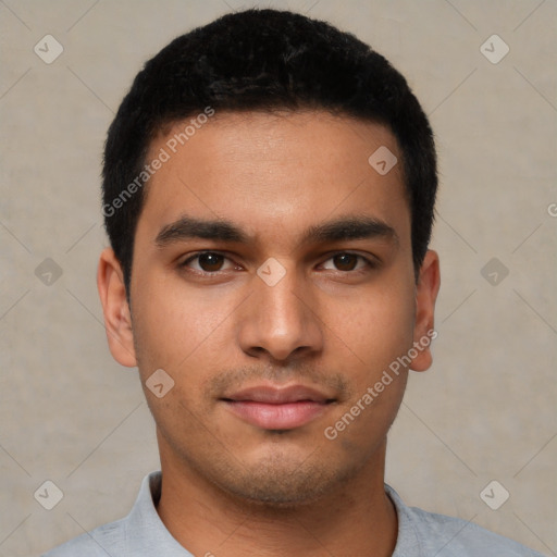 Neutral white young-adult male with short  black hair and brown eyes