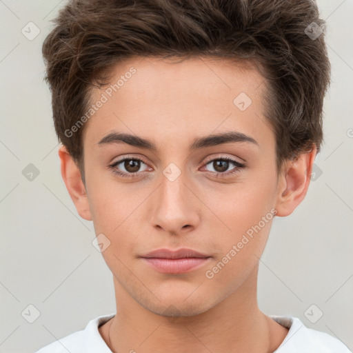 Neutral white young-adult male with short  brown hair and brown eyes