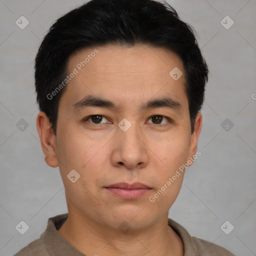 Neutral asian young-adult male with short  black hair and brown eyes