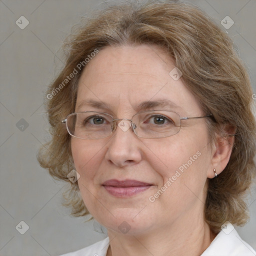 Joyful white middle-aged female with medium  brown hair and brown eyes