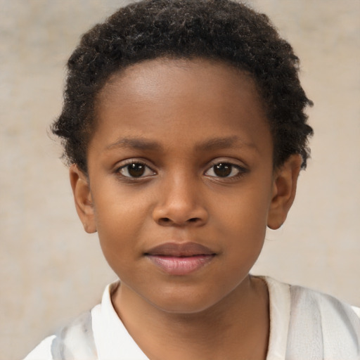 Joyful black child female with short  brown hair and brown eyes
