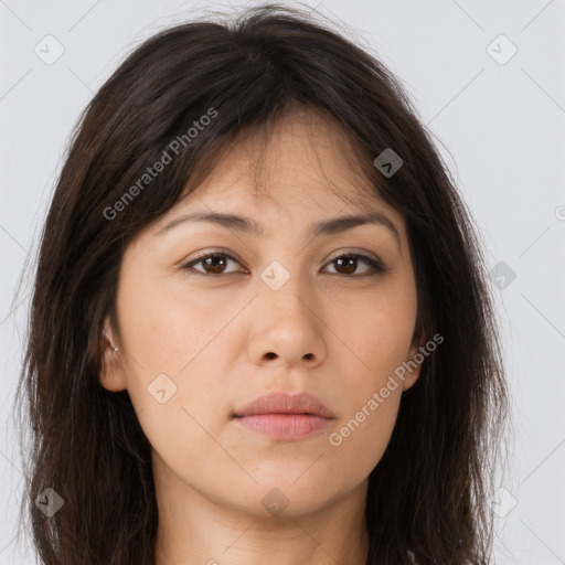 Neutral asian young-adult female with long  brown hair and brown eyes