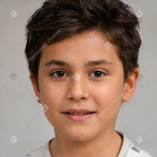 Joyful white child female with short  brown hair and brown eyes