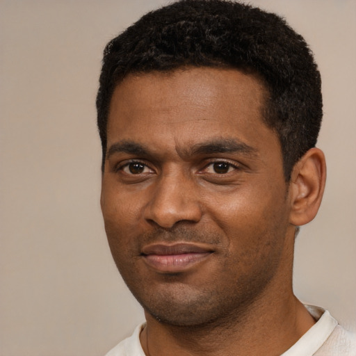 Joyful black young-adult male with short  black hair and brown eyes