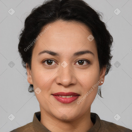 Joyful white adult female with short  brown hair and brown eyes