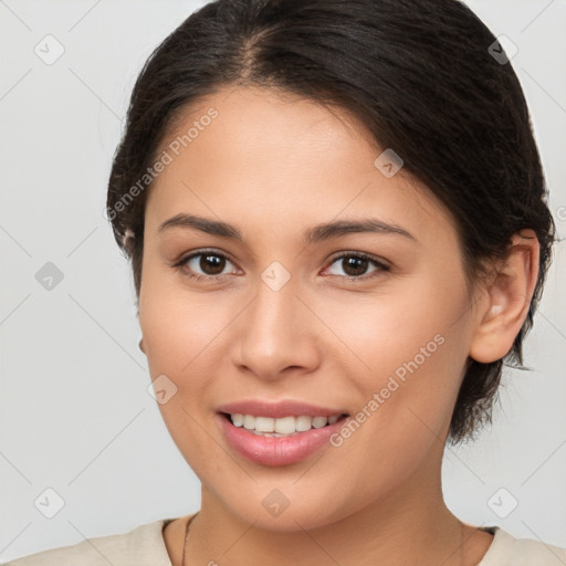 Joyful white young-adult female with medium  brown hair and brown eyes