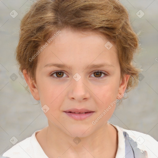 Joyful white child female with short  brown hair and brown eyes