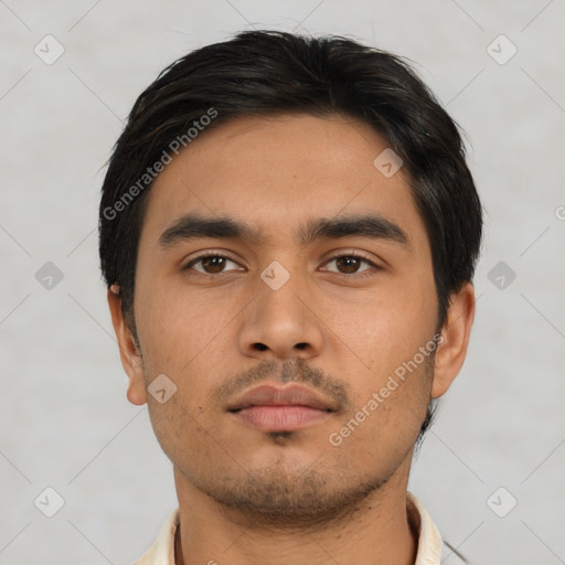 Neutral asian young-adult male with short  black hair and brown eyes