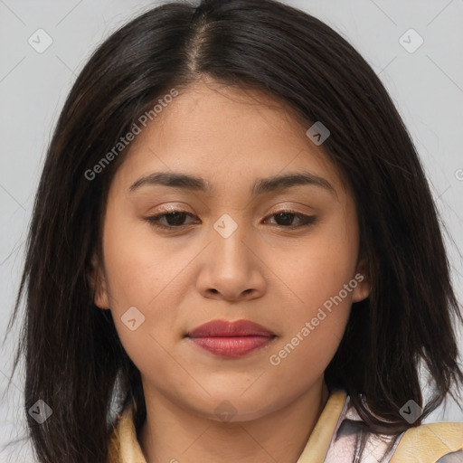 Joyful asian young-adult female with long  brown hair and brown eyes