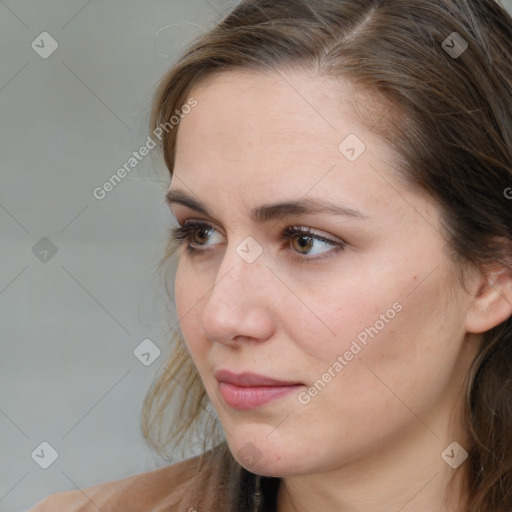 Neutral white young-adult female with medium  brown hair and grey eyes