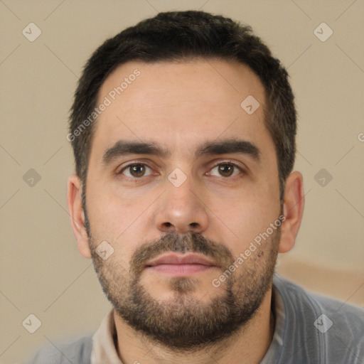 Neutral white young-adult male with short  black hair and brown eyes