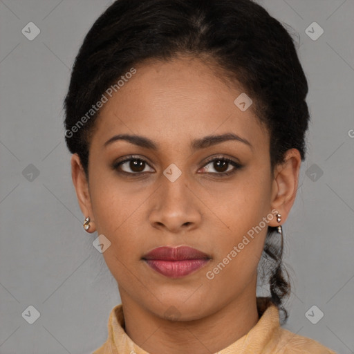 Joyful latino young-adult female with short  brown hair and brown eyes