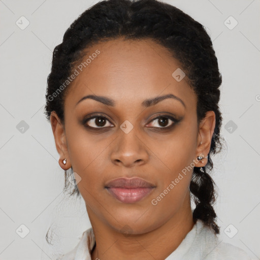 Joyful black young-adult female with medium  black hair and brown eyes