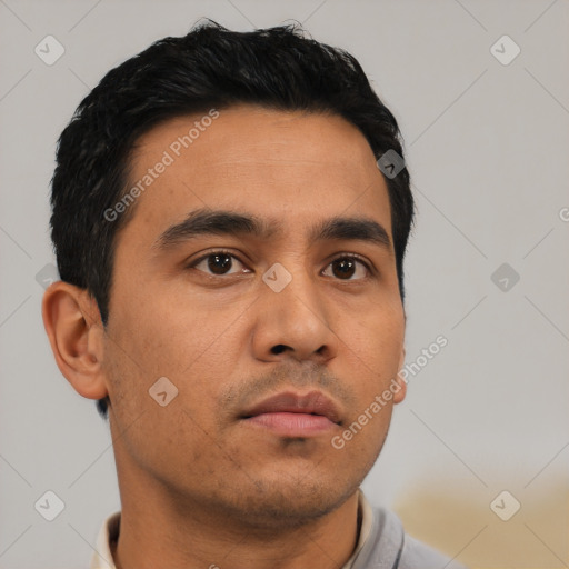 Neutral asian young-adult male with short  black hair and brown eyes