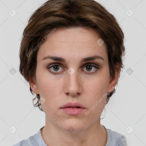 Neutral white young-adult female with medium  brown hair and brown eyes