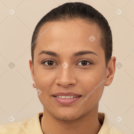 Joyful white young-adult female with short  brown hair and brown eyes