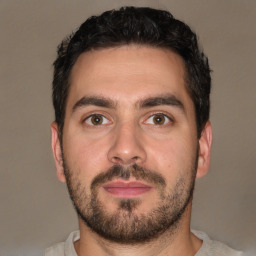 Joyful white young-adult male with short  black hair and brown eyes