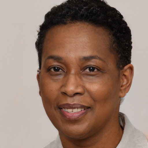 Joyful black adult female with short  brown hair and brown eyes
