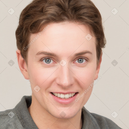 Joyful white young-adult female with short  brown hair and grey eyes