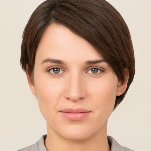 Neutral white young-adult female with short  brown hair and brown eyes