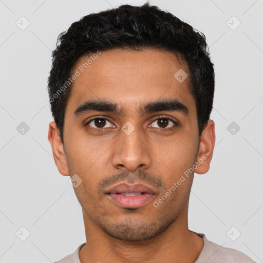 Neutral latino young-adult male with short  black hair and brown eyes