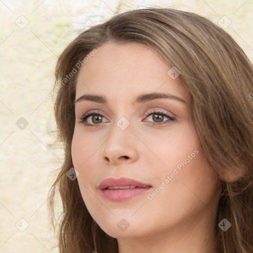 Neutral white young-adult female with long  brown hair and brown eyes