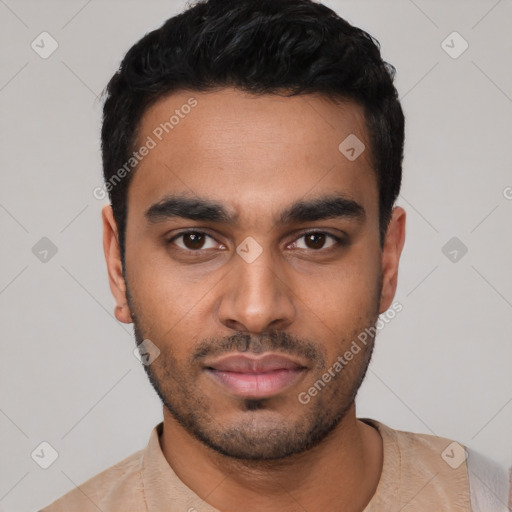 Neutral latino young-adult male with short  black hair and brown eyes