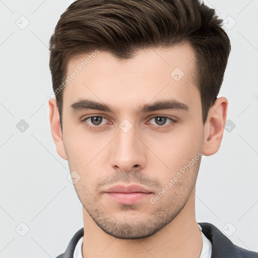 Neutral white young-adult male with short  brown hair and brown eyes