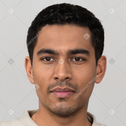 Neutral latino young-adult male with short  black hair and brown eyes