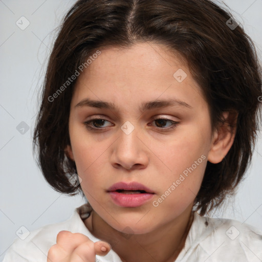 Neutral white young-adult female with medium  brown hair and brown eyes