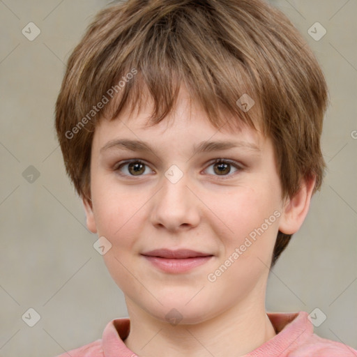 Joyful white child female with medium  brown hair and grey eyes