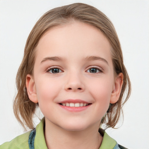 Joyful white child female with medium  brown hair and blue eyes