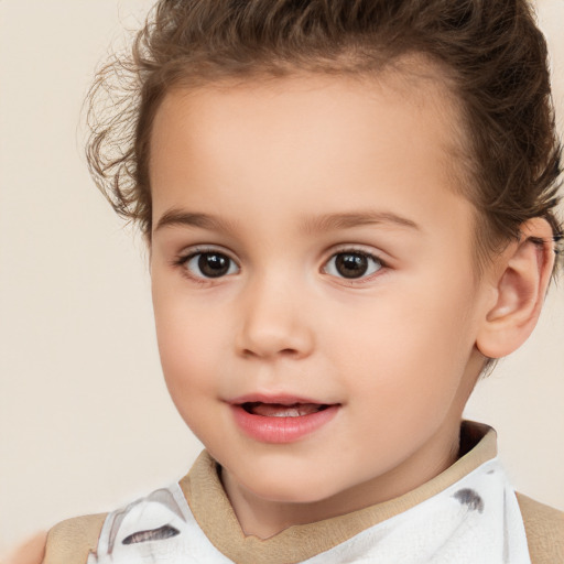 Joyful white child female with short  brown hair and brown eyes