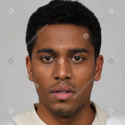 Neutral black young-adult male with short  black hair and brown eyes