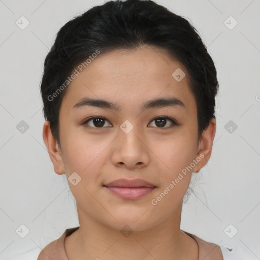 Joyful asian young-adult female with short  brown hair and brown eyes