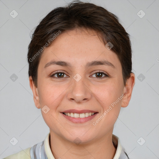 Joyful white young-adult female with short  brown hair and brown eyes