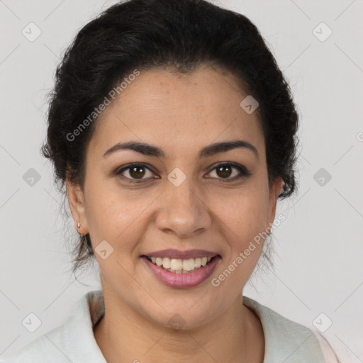 Joyful latino young-adult female with short  brown hair and brown eyes