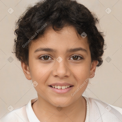 Joyful white child female with short  brown hair and brown eyes