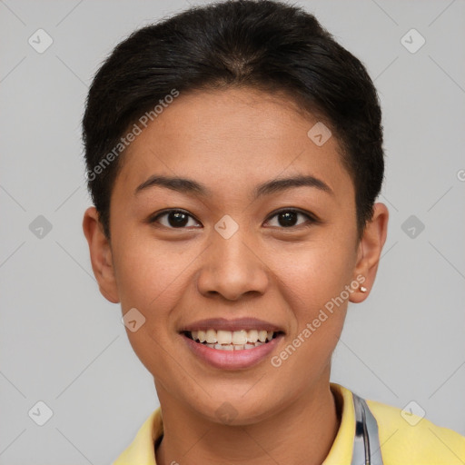 Joyful asian young-adult female with short  brown hair and brown eyes