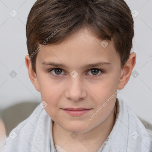 Joyful white child female with short  brown hair and brown eyes